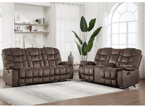 HAOMARKETS 2-Piece Manual Recliner Sofa Set, Include 2-Seater Loveseat Recliner Couch Featuring Hidden Storage & Cup Holders and 3-Seat Reclining Sofa for Living Room, Brown