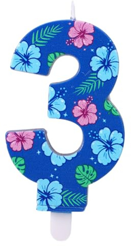 Vela Azul con el Número para Cumpleaños, Adorno Pastel con Temática Hawaiana y Diseño floral para Niños y Niñas Artículos de Decoración Fiestas (Número 3)