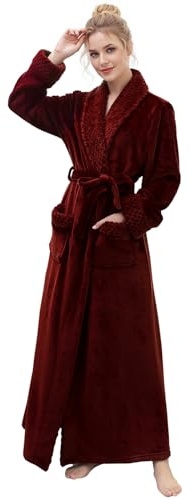 Hellomamma Accappatoio lungo da donna in morbido pile felpato accappatoi camicia da notte pigiama da donna indumenti da notte cappotto da casa rosso vino