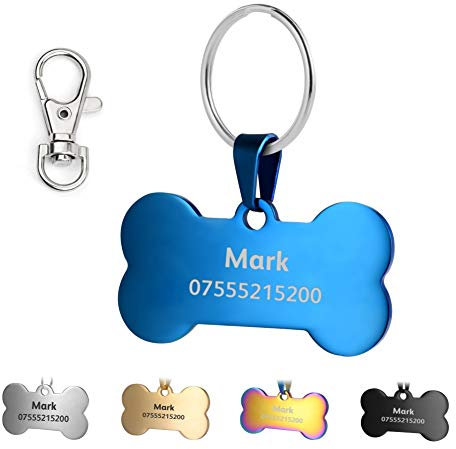 KSZ Hundemarke mit Gravur,ID Tag für Hunde und Katzen,Rostfreier Stah Knochen Rundes Rechteck Herzform 5 Farben (Knochen, Blau)