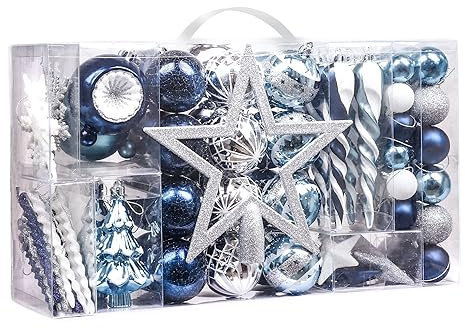 Valery Madelyn Weihnachtskugeln 100 TLG 3-21cm Kunststoff Christbaumkugeln Weihnachtsdeko mit Baumspitze und passende Aufhänger Weihnachtsbaumschmuck Winterwünsches Thema Silber Blau