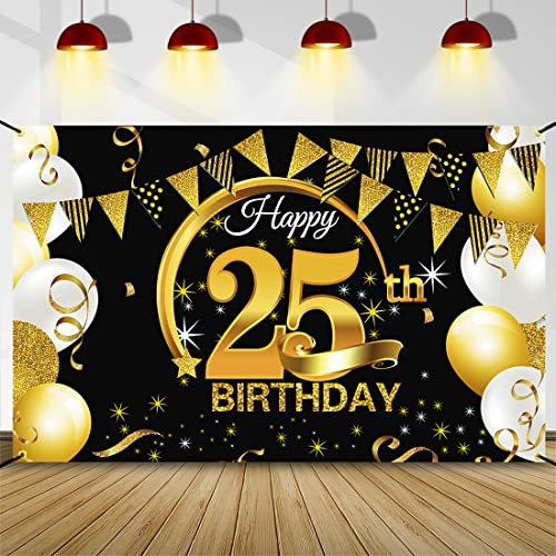 25 Geburtstag Dekoration Schwarz Gold, Banner, Party Deko für Frau Mann, Hintergrund Banner, Extra Große Stoff Schild Poster, Geburtstagsfeier Liefert