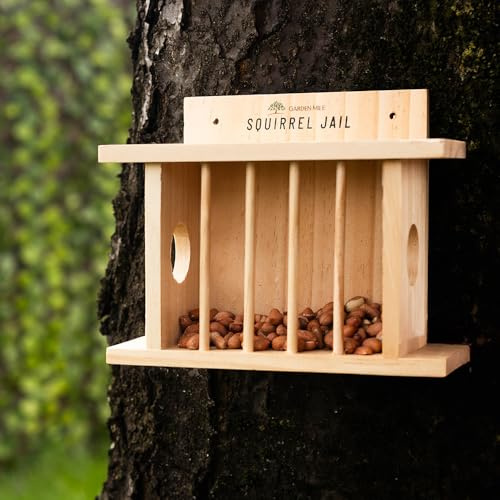 Garden Mile Squirrel Feeder and Bird Feeder, Large Wooden Jail Picnic Table, Durable Outdoor Wildlife Feeding Station, Garden Ornament for Birds and Squirrels (Jail)