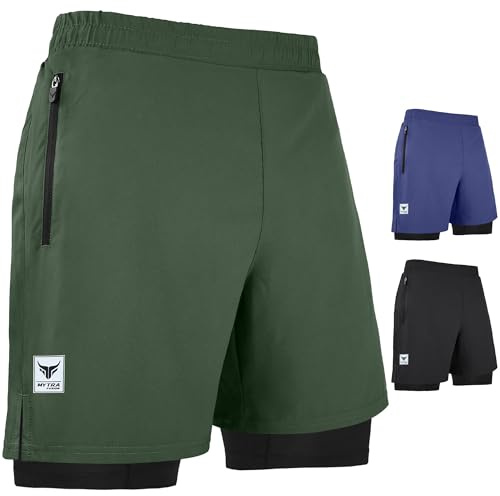 Mytra Fusion löparshorts herr 2 i 1 gymshorts för flera användningsområden Andas och lätt, snabbtorkande träningsshorts för fitnessträning (DE/NL/SE/PL, Alfa, M, Regelbunden, Regelbunden, Olive)
