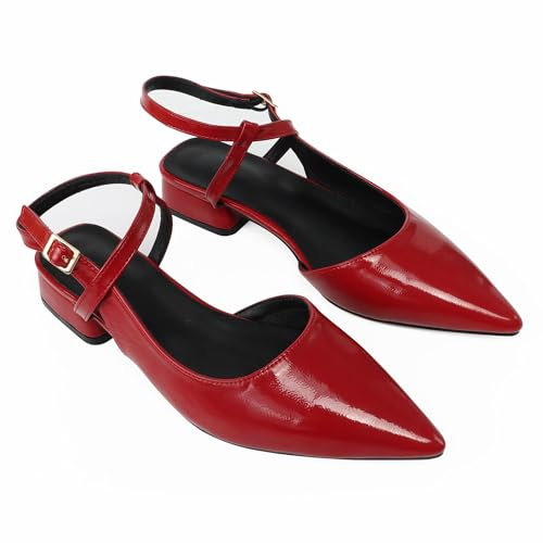 QiBusLeen Women's Low Chunky Block Pointed Toe Slingback Heels Cross Ankle Strap, Red Closed Toe Strappy Pumps for Women Comfortable, Sexy Party Work Dress Prom Shoes