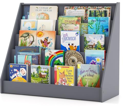 GYMAX Kids Bookcase, 5-Tier Children Bookshelf with Deep Compartments, Wooden Toddler Book Storage Rack for Kid's Room Nursery Kindergarten (Grey)
