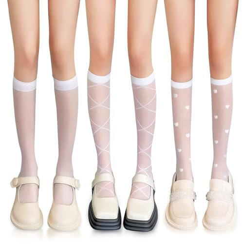 wlertcop 3 Pairs Knee High Socks - White Elastic Printing Knee High Stockings, Nylon Women Pop Socks, Breathable Calf-Length Stockings, Knee Length Sheer Socks Cute for Women Girls