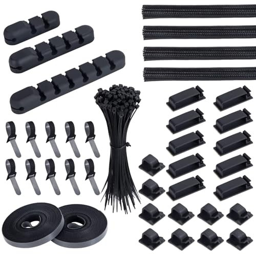 Kit de Gestion de Câbles 139 Pcs avec 4 Manchon de Câble Gaine, 3 Clips de Câble Bureau Silicone, 10+2 Sangles Câble Rallonge, 15 Clips Câbles Adhésifs et 100 Attaches Câble