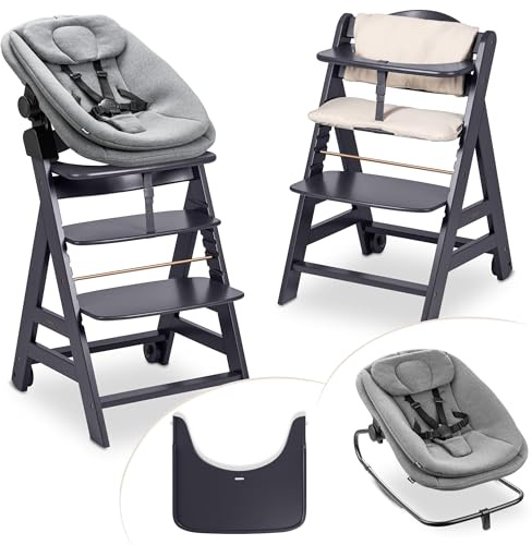 hauck Seggiolone Evolutivo Legno Beta + Newborn Set Highchair Bouncer 3in1 - Dalla Nascita Con Sdraietta Neonati Dondolo, Cuscino e Vassoio - (Grigio scuro)