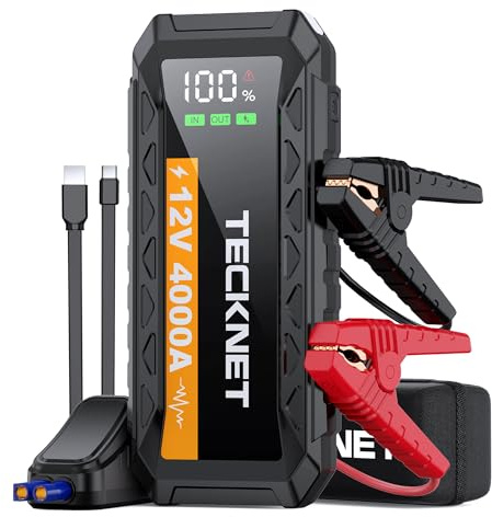 TECKNET Starthilfe Powerbank, 4000A Auto Starthilfe für 12V Fahrzeuge (Bis zu 10L Benzin/8L Diesel), Starter Powerbank mit LED, 2 Schnelllade USB Ausgänge, Batterie Jump Starter mit Starthilfekabel