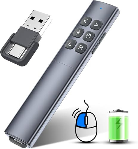 Metálica Pasador Diapositivas Mando Ordenador Powerpoint con Ratón de Aire, USB/Tipo-C 2 en 1 Recargable Presentador Inalambrico Mando Puntero Powerpoint para Mac iPad Computadora Portátil