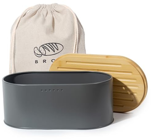 SYLANDO Brotkasten mit Großer Kapazität, Hochwertige Metall Brotbox, Die Aufbewahrung für noch länger frisches Brot, Deckel aus Ökologisches Bambus (Grau)