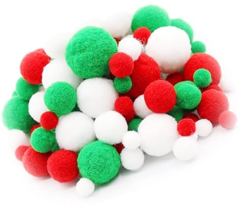 130 Piezas Pompones Manualidades, 10-30mm de Colores, Bolas de Pompones para Manualidades, Bolas Fieltro, Color Rojo,Verde y Blanco, para DIY Manualidades Creativas, Decoración Navideña