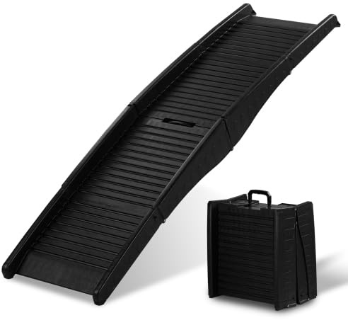 LEADZM Hundetreppe klappbar bis 50 kg, Einstiegshilfe für Kofferraum Hunderampe - 150x40 cm, Vierfach Faltbar und Robuste, Leicht Stabil, rutschfest Hunde-Treppe, Schwarz