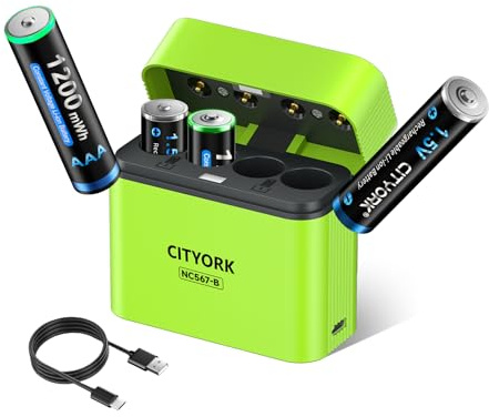 CITYORK 4 batterie al litio ricaricabili AAA con caricabatterie, batteria al litio da 1,5 V AAA ad alta capacità (1200 mWh) e scatola di ricarica integrata