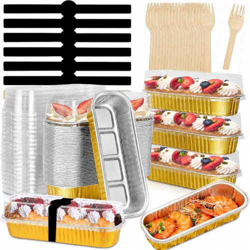120pcs Mini Loaf Pans with Lids and Spoons, 200ml Rectangular Aluminum Foil Baking Pans Mini Cake Tins Containers with Sealing Sticker for Bread Cake Wedding Birthday Picnic Party (SET OF 30) (Gold)