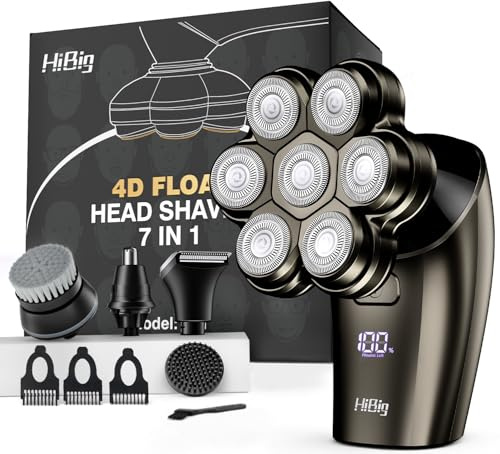 Rasoio Testa Calva Uomo - HiBig 5 IN 1Rasoio a testine Rotanti Versione Aggiornata 7D Rasoio Elettrico Barba per uomo con Testa curva magnetica rimovibile, IPX7 Impermeabile Cordless, Grigio