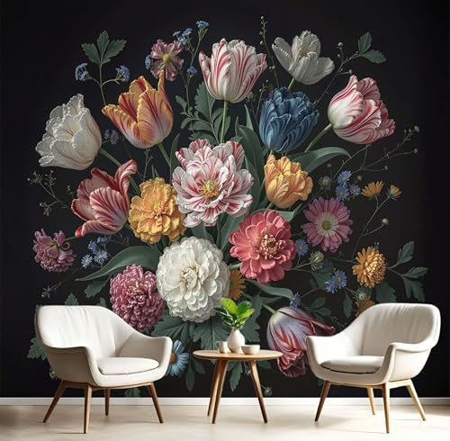 Papel Tapiz 3D, Murales Fotográfico con Estampado Barroco Flores, Papel Tapiz de Tulipanes Cosmos, Decoración de Pared para Sala de Estar, Dormitorio, Sofá, Multicolor, 400Anx280Al cm