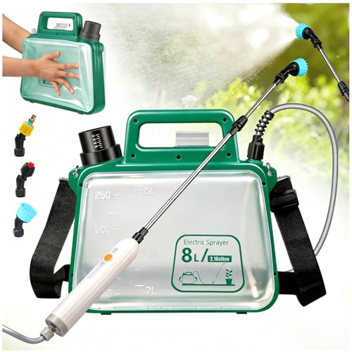 Bsteciar Spruzzatore elettrico da giardino, 8 l, pieghevole, con 3 ugelli, batteria da 2500 mAh e manico impermeabile, asta telescopica regolabile per prato, cura delle piante e pulizia esterna