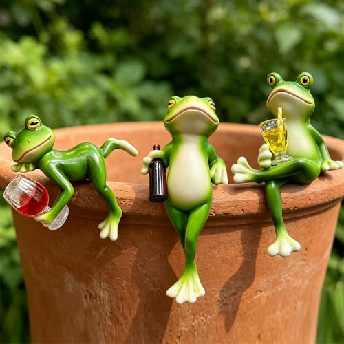 Juego de 3 macetas colgantes para decoración de ranas, decoración de plantas en maceta, decoración de jardín, rana con copa de vino, ranas, animales, estatua de resina para estatua, granja, balcón
