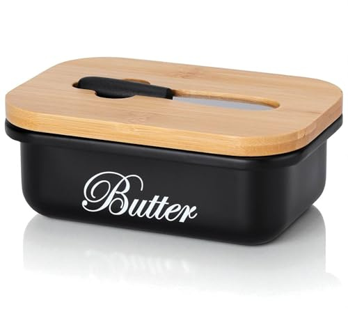 EliteHoff Butterdose mit Holzdeckel, Butterbox Edelstahl mit Bambusdeckel und integriertem Buttermesser, Butterglocke Metall mit Messer, kleiner Butterbehälter mit Deckel für 250g Butter, Schwarz