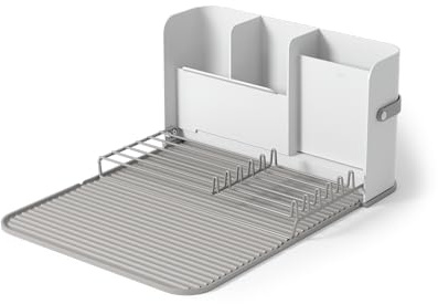 Umbra Sling Abtropfgestell, Faltbarer Geschirrtrockner mit Besteck Caddy, Weiss/Grau