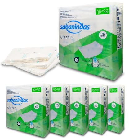 SABANINDAS Protectores de Cama Normales - Caja 6 Paquetes de 25 Protectores de 60 x 60 - Protectores Absorbentes, Ideal para Incontinencia, Confort y Seguridad - Libre de Látex
