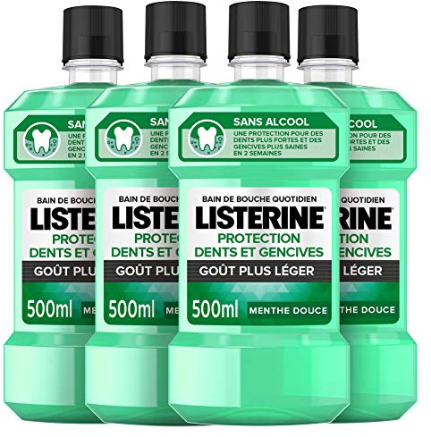 LISTERINE® PROTECTION DENTS ET GENCIVES – gout plus léger – sans alcool - bain de bouche – lot de 4 bouteilles 500mL