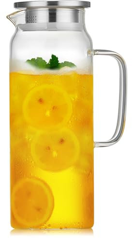 53OZ Glass Pitcher with Lid and Spout, Water Jug, 1580ml Carafe for Hot/Cold Water, Large Iced Tea Pitcher for Coffee, Juice and Homemade Beverage