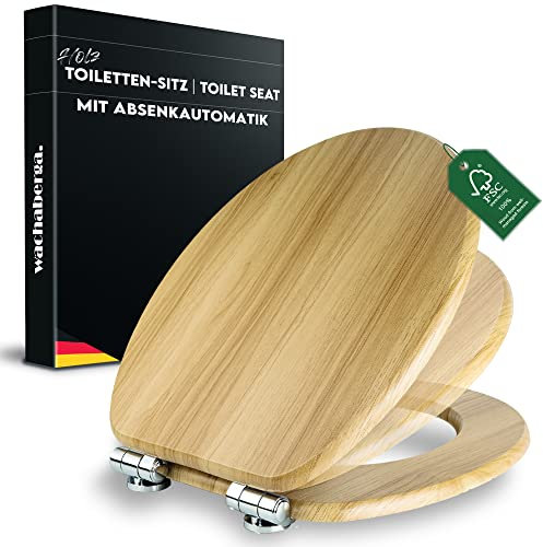 Wc Sitz mit Absenkautomatik Holz (MDF) - bombenfester Halt des Toilettendeckel Holz durch Spezialscharniere - Klodeckel Holzkern + PVC-Beschichtung für bequemes & hygienisches sitzen