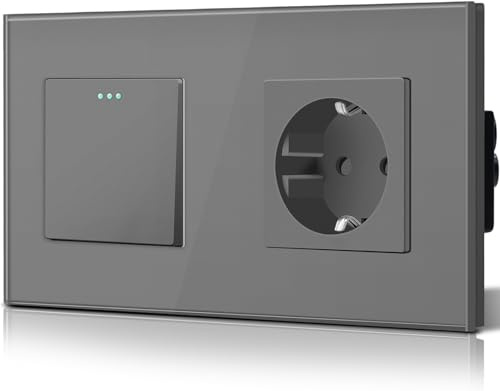 BSEED Druckknopf lichtschalter glas und 16A AC EU Steckdose Glasscheibe 1 Fach 1 Weg Wandschalter Grau