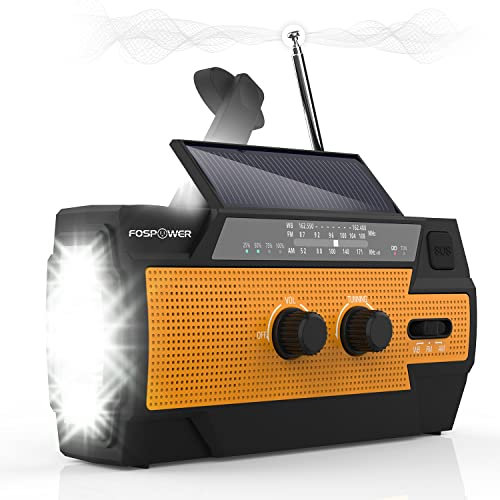 FosPower - Kurbelradio NOAA/AM/FM mit 14800mWh (4000mAh) Tragbare Powerbank -Aufladung per USB, Solar, Handkurbel & Batteriebetrieben - SOS-Alarm & Taschenlampe für Notfälle drinnen & draußen