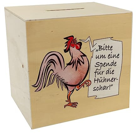Spardose aus Holz mit Hahn Motiv in rot zum Thema Trinkgeld und lustigem Spruch schöne Sparbüchse als Geschenk für Sparfüchse die Hühner mögen und eine Hühnerschar auf dem