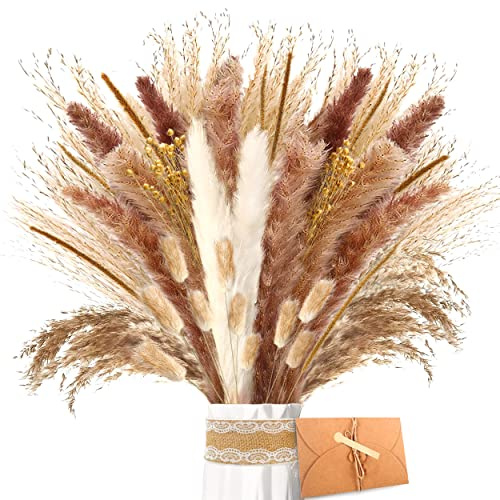 ZJTAPE Pampas Secas Decoracion - Hierba Natural de Pampas Secas, Hierba de Pampa Marrón Frondas Esponjosas, Ramo de Flores secas, para Boda Decoracion, Arreglos Florales Decoración del Hogar