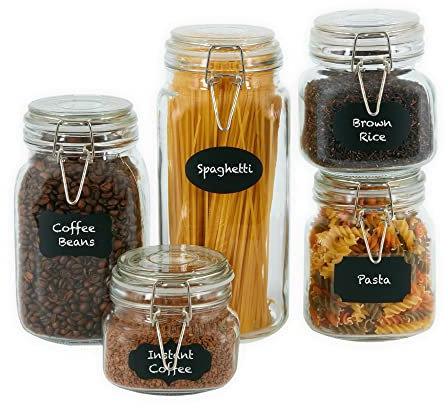 ZENO Glass Food Jars 5 Pack | Glass Jars With Lids | Airtight Clip Top Jars | 10 Reusable Stickers & Chalk Pen | Kitchen Jars with Clip Top Lids | Food Containers for Pasta, Rice, Coffee Beans