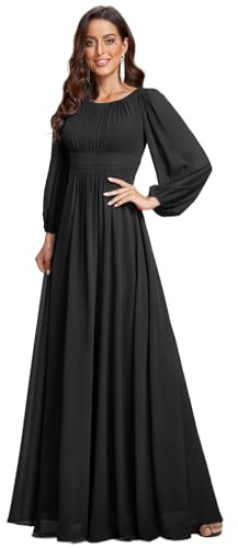 Ever-Pretty Vestito da Sera Donna Lungo Cintura Rotondo Manica Lunga Elegante Abiti da Cerimonia ES0106B Nero 48