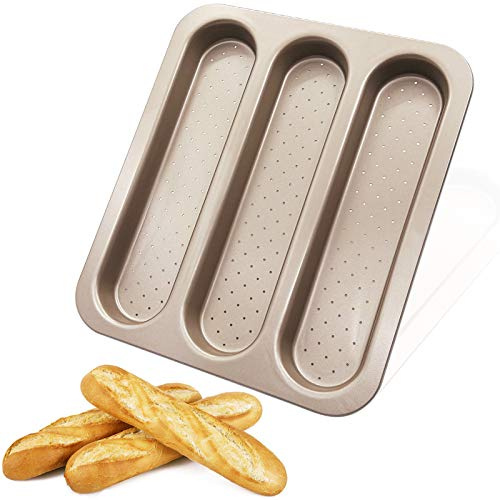 Soldadito Baguette Pan French Bread Mold Carbon Steel Perforated 3 Cavity Baking Bocadillo Tray Nonstick Long Loaf Toast Cake Mould Bakeware Baking Pans for Oven