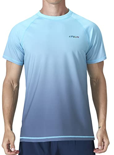 Mens Swim Shirts UPF 50+ Sun Protection Quick Dry SPF Rash Guard Outdoor Beach Fishing T Shirts(Short Sleeve GradientBlue,XL)