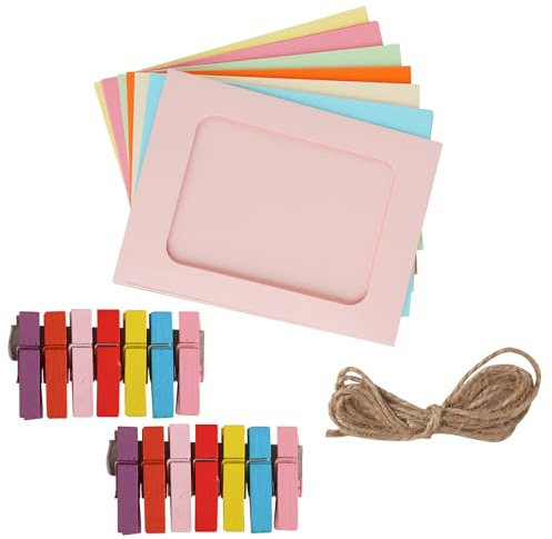 DAJAVE 60 cornici in carta, 10 x 15 cm, in cartone, da appoggiare, autoadesive, per foto, in classe, con mollette in legno e corde di canapa