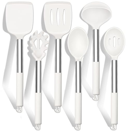 HaWare Set di 6 utensili da cucina in silicone, con manico in acciaio inox, antiaderenti, resistenti al calore, facili da pulire e lavabili in lavastoviglie, colore: bianco