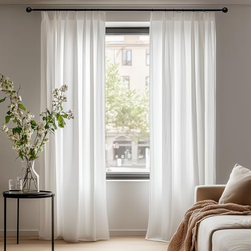 Deconovo Gardinen mit Kräuselband Voile Vorhänge Dekoschal Halbtransparent Leinenoptik Vorhang Wohnzimmer Luftig und Elegant, 245x140cm(HöhexBreite), Weiß, 2er Set