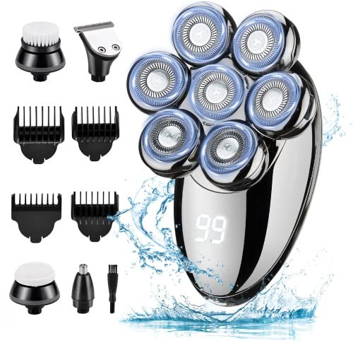 BabyPop! 5 en 1 Rechargeable Étanche Rasoir Electriques Hommes, 7D Tête Chauve Rotative, IPX7 Étanche, Rasage Sec et Humide, Tondeuse à Poils de Nez, Brosse Visage, Argent, Metallique