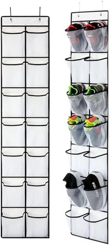 Lookka Hanging Shoe Storage, Shoe Racks with 14 Large Mesh Pockets 2 Hooks for Shoe Storage,Wardrobe Door Tidy with,Kitchen Bedroom Bathroom Closet Holder(White)