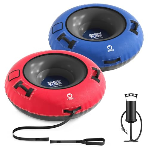 QPAU Snow Tube with Premium Canvas Cover 2 Pack for Kids and Adults, 48'' Inflatable Heavy Duty Snow Tube Made by Thickened Bottom, Sled Winter Outdoor Fun Toys for Children Boys Girls (Blue & Red)