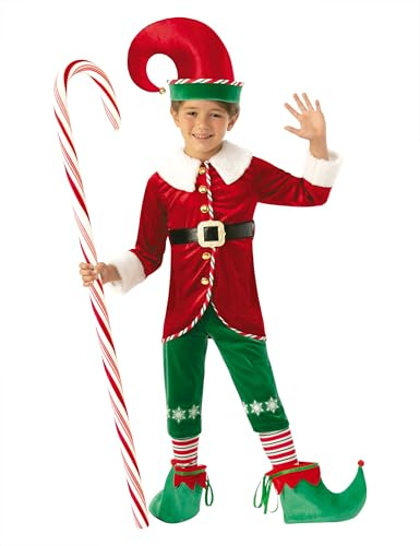 Rubies Déguisement Elfe Boy Deluxe pour enfants avec pantalon, chaussons, ceinture, bonnet et couvre-chaussures, pour Noël, fonctions scolaires, fêtes (taille S 7-8 ans)
