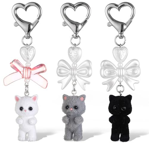 Y2K Lot de 3 porte-clés en forme de chat pelucheux, esthétique et mignon, décoration délicate, pendentif cœur pour femme