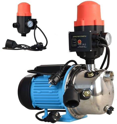 Pompe à Eau JX 1100 avec Pressostat CSK 21 - Pompe d’arrosage INOX (1100 W, 3600 l/h, hauteur de Refoulement 50 m) - Commande de Pompe - Marche/Arrêt automatiques - Protection Fonctionnement à Sec