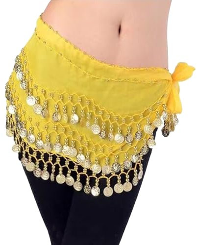 GNAUMORE Cinturón Danza del Vientre para Yoga Zumba Latin,Monedas Cinturón Envolvente de Falda de Danza del Vientre,Cadena de Cintura de Falda de Baile,Amarillo