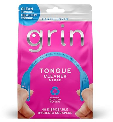 GRIN Tongue Cleaner Strap, 48 Count, Disposable Tongue Cleaner, Hygienic Dual Edge Scraper, Recycled Plastic, Clean Tongue, Healthy Tongue, Promote Fresh Breath, Includes Safe Fold- Back Tooth Pick