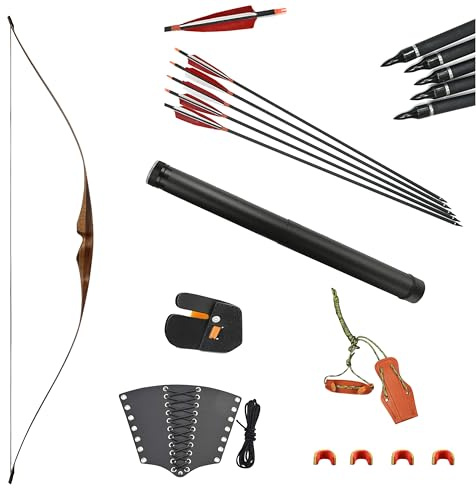 FQH 52-inch Archery Recurve Bow Set 10-25 lb Traditional Longbow for Outdoor Hunting Target Archery Practice Adult & Beginner Bow Accessories (15 LBS)